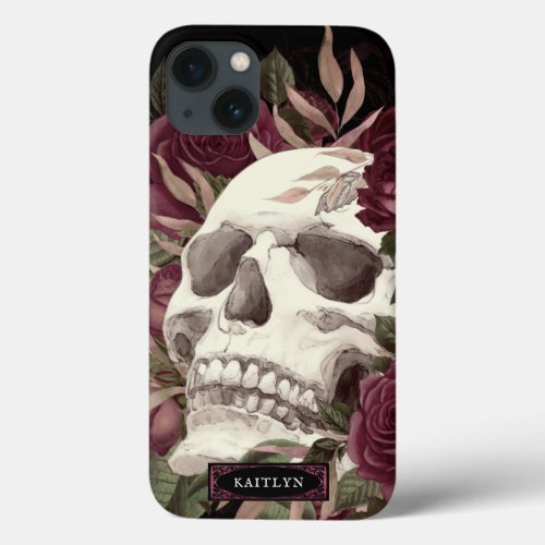 Skull Roses Burgundy Black Personalized iPhone 13 Case