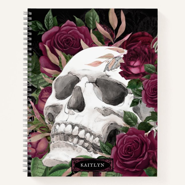 Skull Roses Burgundy Black Personalized Notebook (Front)