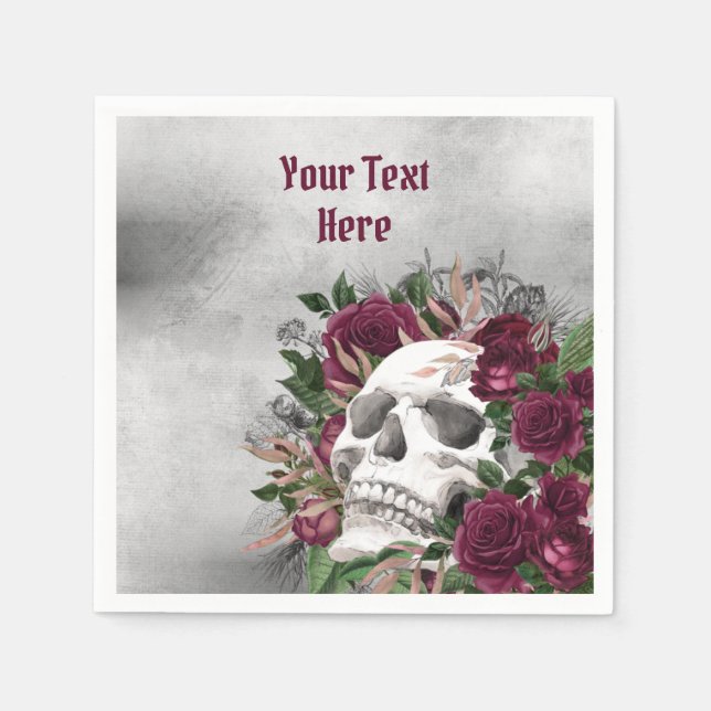 Skull Roses Burgundy Burgundy Gray Personalized Napkins (Front)