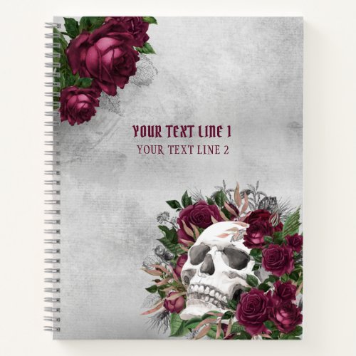 Skull Roses Burgundy Gray Grunge Personalized Notebook