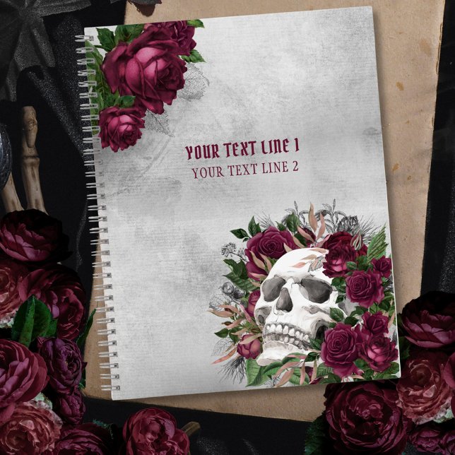 Skull Roses Burgundy Gray Grunge Personalized Notebook (Creator Uploaded)