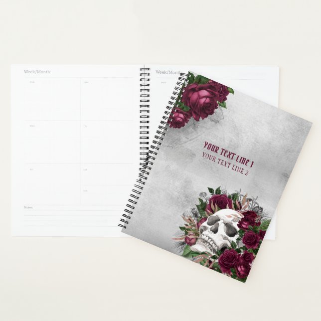 Skull Roses Burgundy Gray Grunge Personalized Planner (Display)