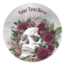 Skull Roses Burgundy Maroon Gray Personalized Classic Round Sticker