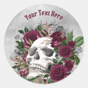 Skull Roses Burgundy Maroon Gray Personalized Classic Round Sticker