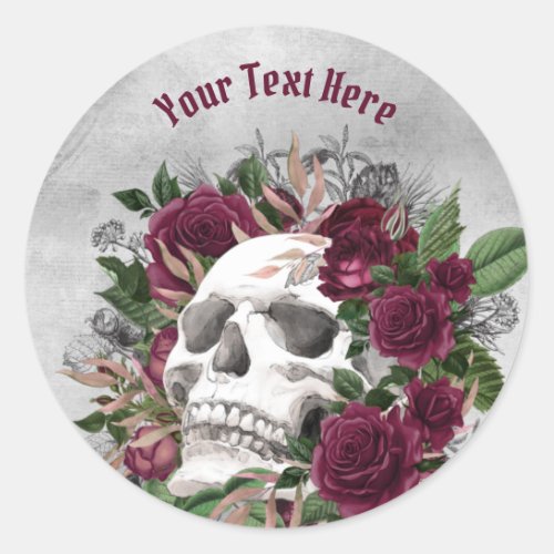 Skull Roses Burgundy Maroon Gray Personalized Classic Round Sticker