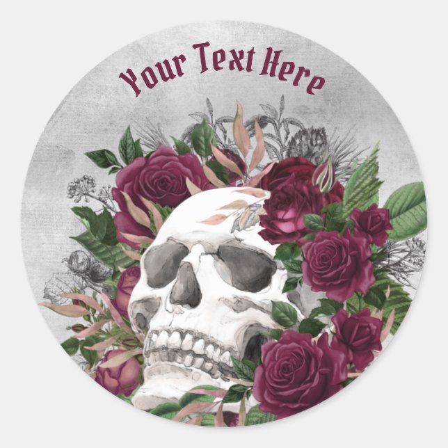 Skull Roses Burgundy Maroon Gray Personalized Classic Round Sticker (Front)