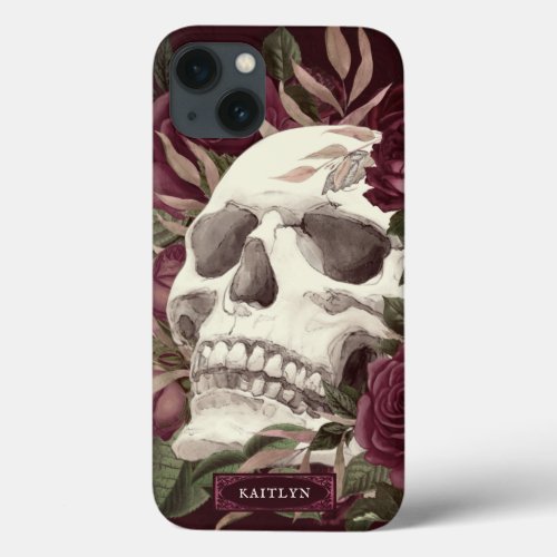 Skull Roses Burgundy Personalized iPhone 13 Case