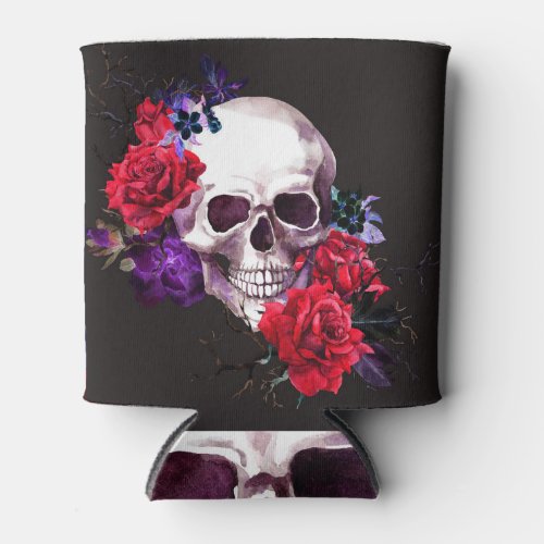 Skull  Roses Dark Floral Watercolor Can Cooler