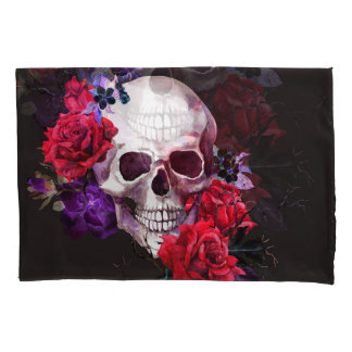 Skull & Roses: Dark Floral Watercolor. Pillow Case