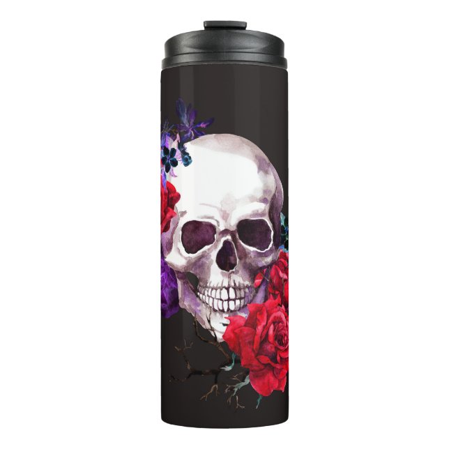 Skull & Roses: Dark Floral Watercolor. Thermal Tumbler (Front)