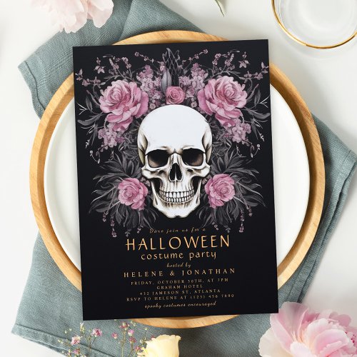 Skull Roses Gothic Adult Halloween Costume Party Invitation