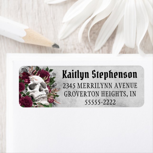 Skull Roses Gothic Burgundy Maroon Gray Label (Insitu)