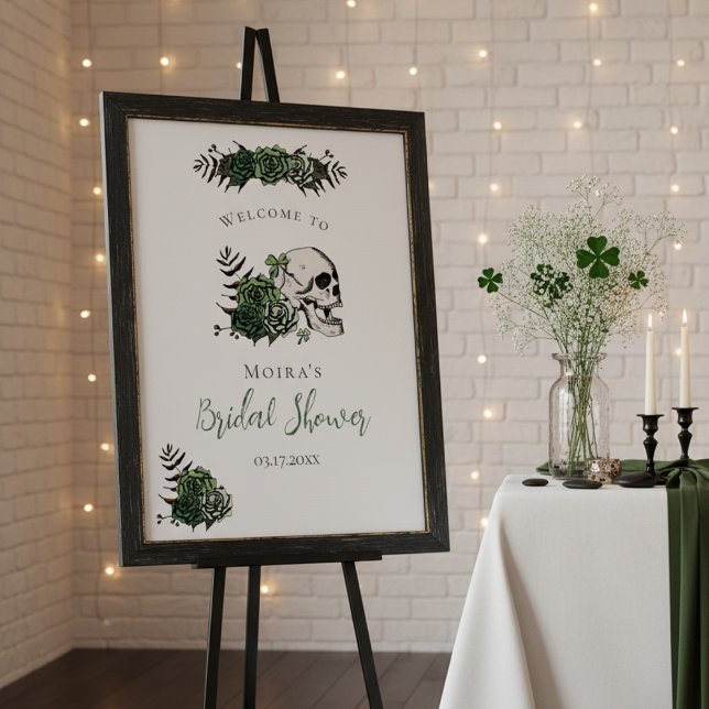 Skull & Roses Irish Bridal Shower Welcome Sign (Elegant Gothic St Patrick's Day Skull & Green Roses Bridal Shower Welcome Sign. Irish  Gothic Chic)