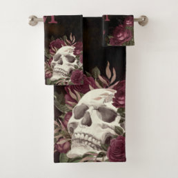 Skull Roses Monogram Black Burgundy Dark Grunge Bath Towel Set