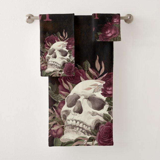 Skull Roses Monogram Black Burgundy Dark Grunge Bath Towel Set (Insitu)