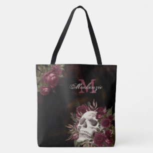 Skull Roses Monogram Name Burgundy Black Grunge Tote Bag