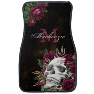 Skull Roses Monogram Name Burgundy Dark Grunge Car Floor Mat