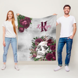 Skull Roses Monogram Name Burgundy Gray Grunge Fleece Blanket