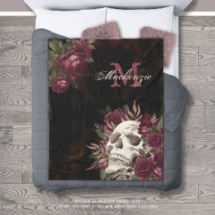 Skull Roses Monogram Name Burgundy Grunge Dark Fle Fleece Blanket
