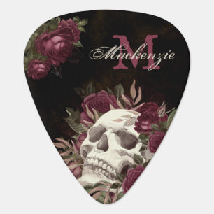 Skull Roses Monogram Name Burgundy Grunge Dark Guitar Pick