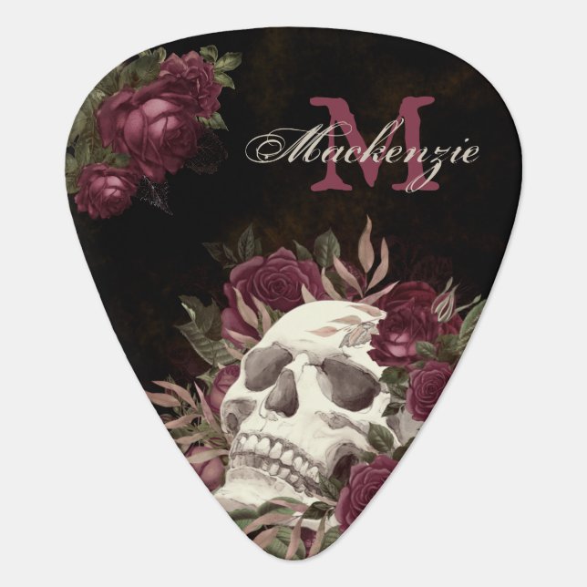 Skull Roses Monogram Name Burgundy Grunge Dark Guitar Pick (Front)