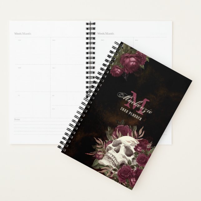 Skull Roses Monogram Name Burgundy Grunge Dark Not Planner (Display)