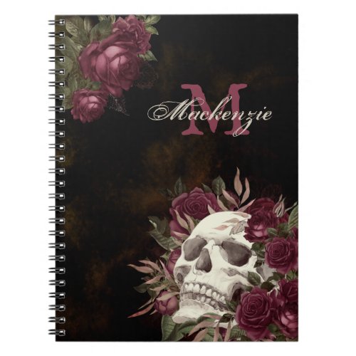 Skull Roses Monogram Name Burgundy Grunge Dark Notebook