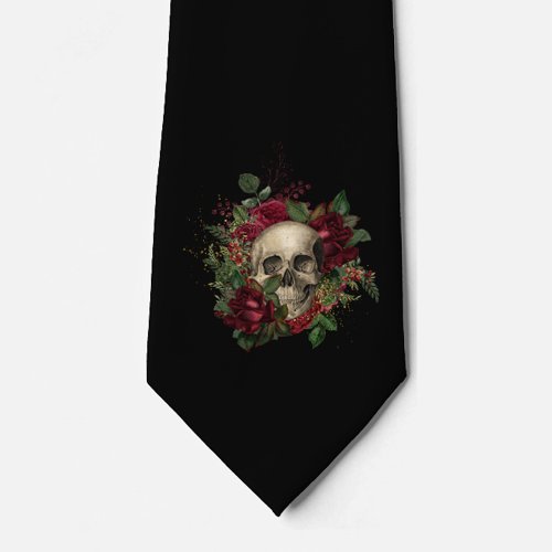 Skull  Roses  Neck Tie  Black