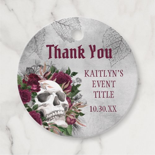 Skull Roses Silver Gray Thank You Favor Tags