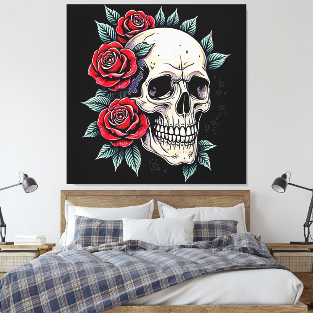 Skull Roses Tattoo Art Canvas Print (Insitu(Bedroom))