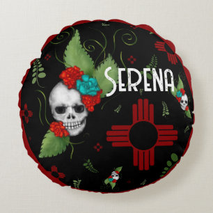 Skull Roses Zia Sun Greenery Black New Mexico Round Pillow