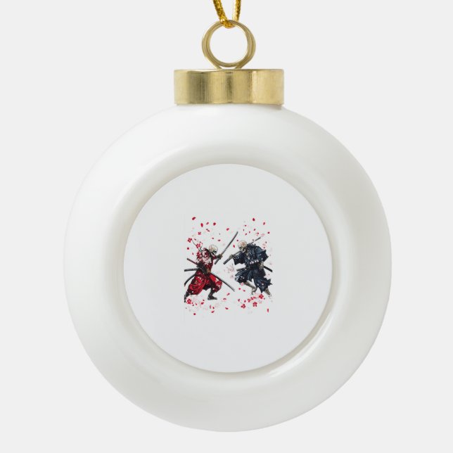 Skull Samurai Duel Ceramic Ball Christmas Ornament (Front)