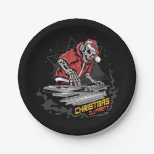 skull santa claus with christmas jacket and hat at paper plates