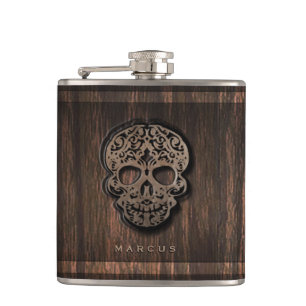 Skull Scroll on Faux Wood Textured Background Flask