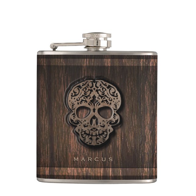 Skull Scroll on Faux Wood Textured Background Flask (Front)