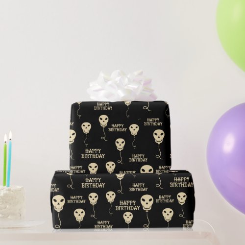 Skull Shaped Balloons Goth Happy Birthday Wrapping Paper