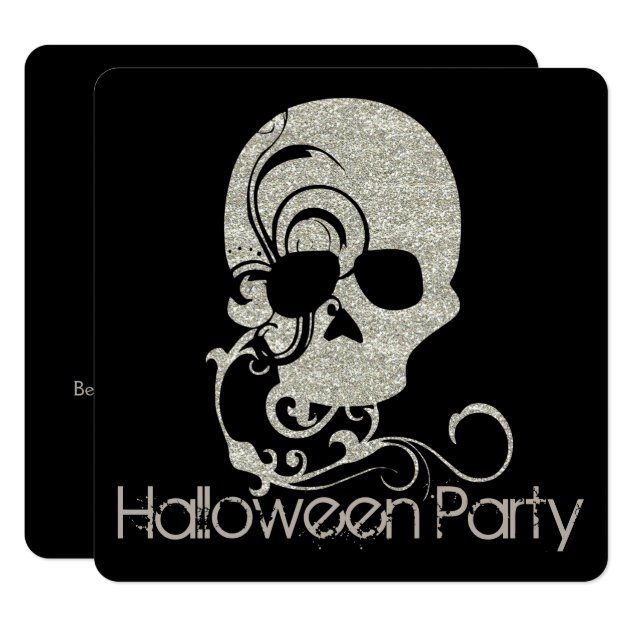 Skull Silver Glitter Look Halloween Party Invite