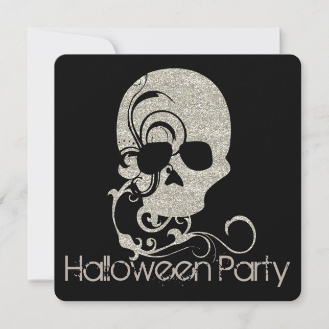 Skull Silver Glitter Look Halloween Party Invite (Front)
