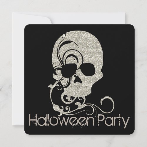 Skull Silver Glitter Look Halloween Party Invite