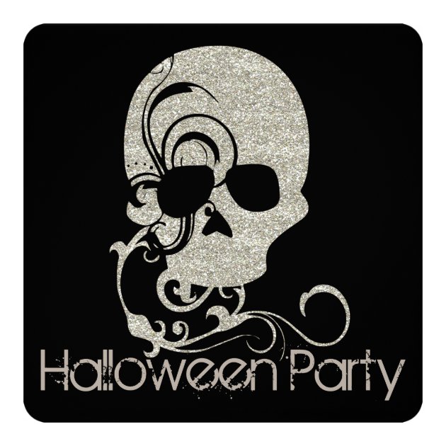 Skull Silver Glitter Look Halloween Party Invite