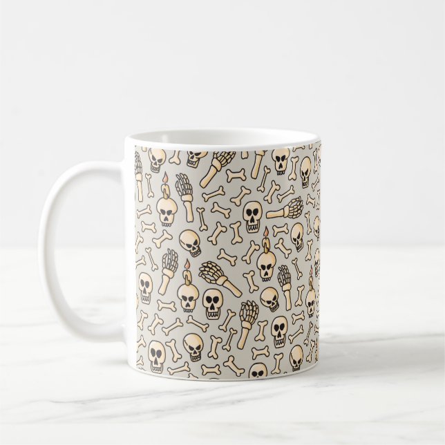 Skull, skeleton and bones seamless pattern hand dr coffee mug (Left)