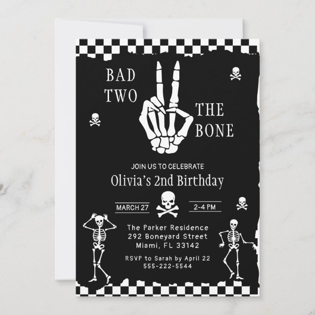 Skull Skeleton Bad to the Bone 2nd Birthday  Invitation (Front)