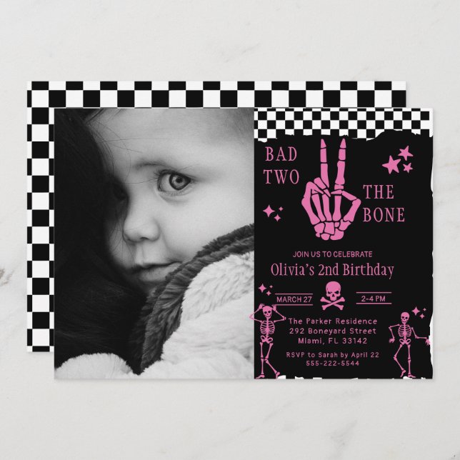 Skull Skeleton Bad to the Bone 2nd Birthday  Invitation (Front/Back)