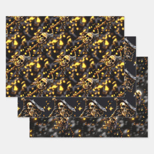 Skull skeleton face black gold pirate theme wrapping paper sheets
