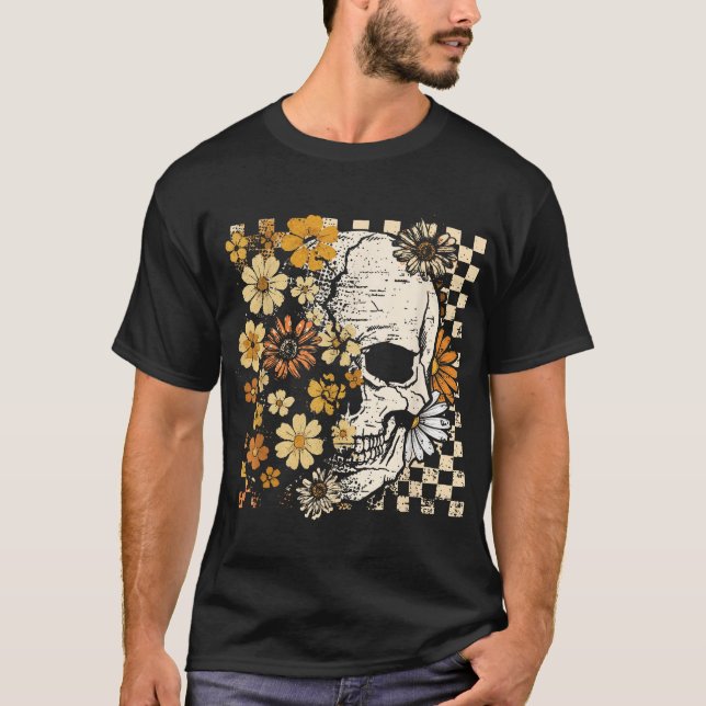 Skull Skeleton Floral Fall Autumn Spooky Halloween T-Shirt (Front)