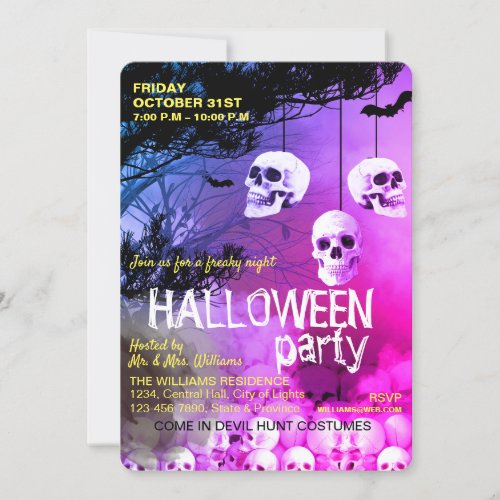 Skull Skeleton Halloween Party Freaky Purple Night Invitation
