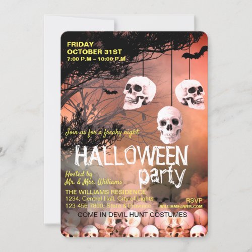 Skull Skeleton Halloween Party Freaky Red Night Invitation