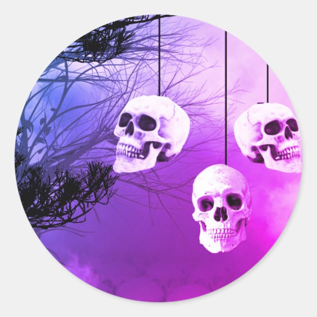 Skull Skeleton Halloween Party Purple Night Classic Round Sticker (Front)
