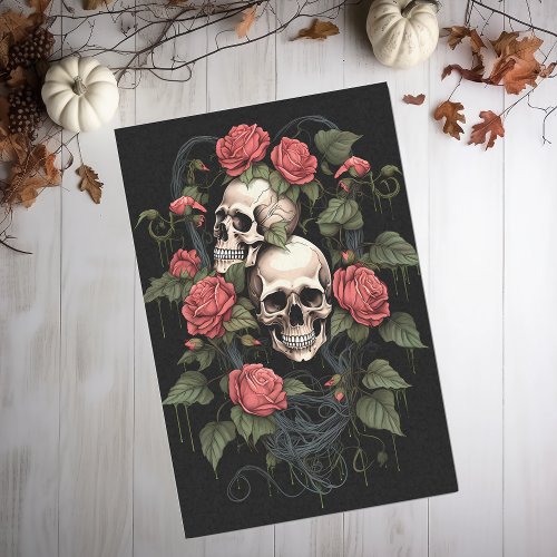 Skull Skeleton with Roses Watercolor Tissue Paper