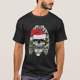 Skull Smoking Weed Joint Christmas Santa Hat Stone T-Shirt